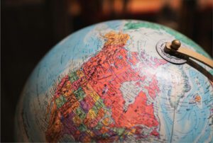 Close-up of a globe showing North America, including the United States, Canada, and surrounding regions.